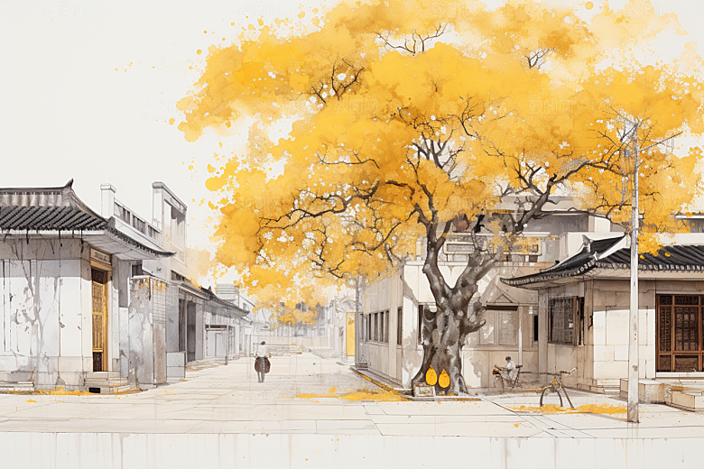 水墨江南小桥流水水彩插画