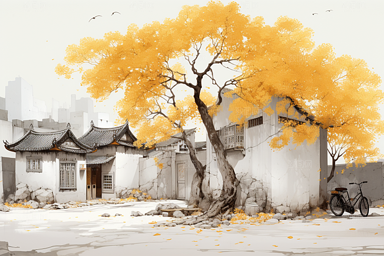 水墨江南水乡水彩插画