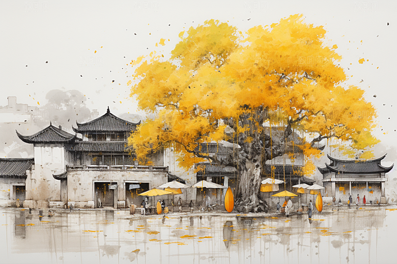 水墨江南粉墙黛瓦水乡插画