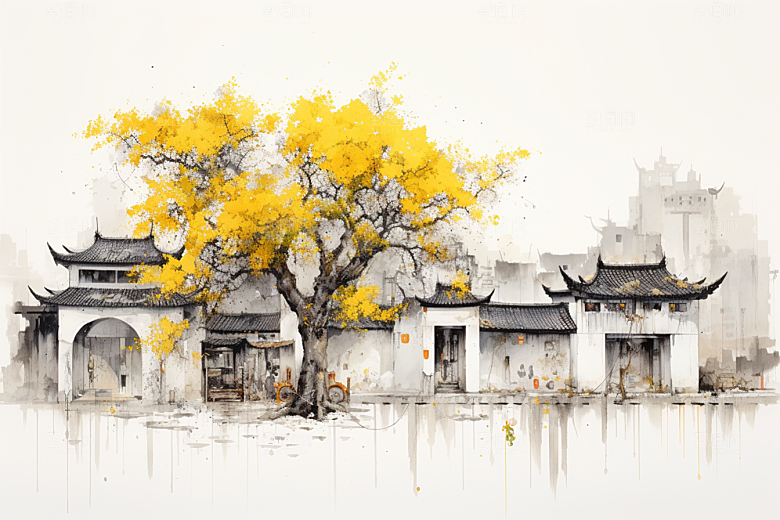 水墨江南小桥流水中式插画