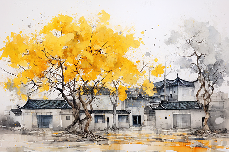 水墨江南小桥流水水彩插画