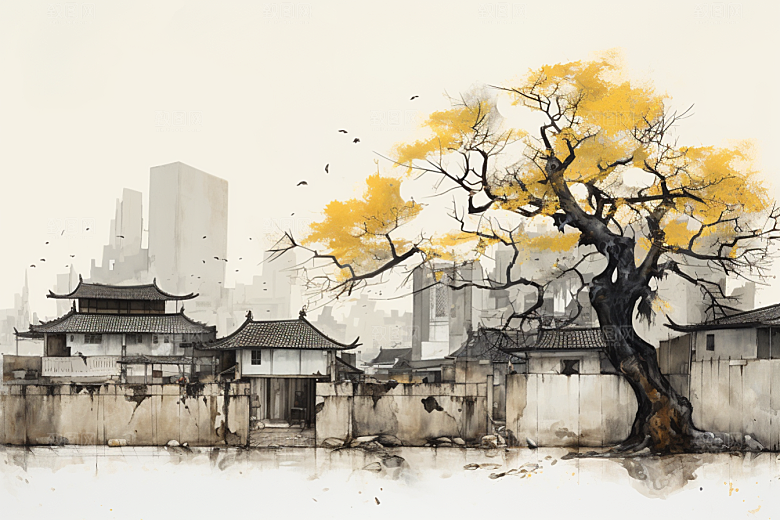 水墨江南小镇晕染插画
