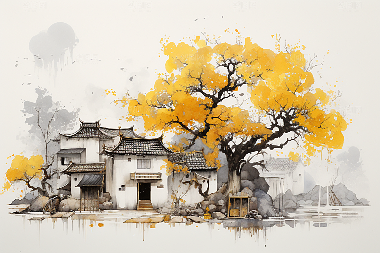 水墨江南中国风小桥流水插画