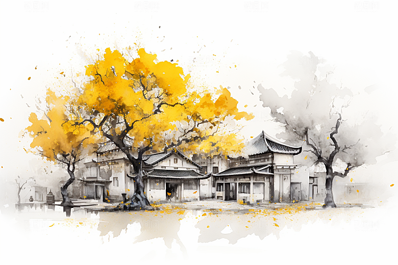 水墨江南小桥流水水乡插画