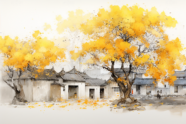 水墨江南水乡小镇插画