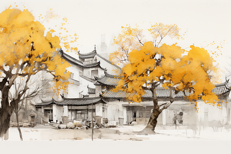 水墨江南中式粉墙黛瓦插画