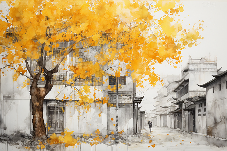 水墨江南手绘水彩插画