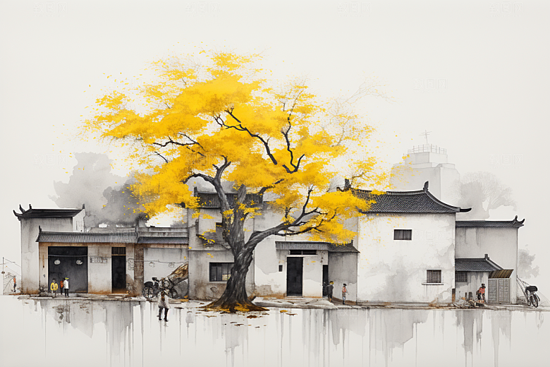 水墨江南水乡中式插画