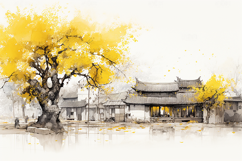 水墨江南水彩晕染插画