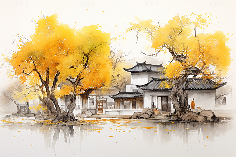 水墨江南小镇中国风插画