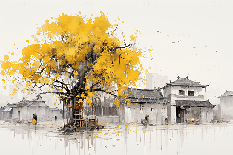 水墨江南小镇粉墙黛瓦插画