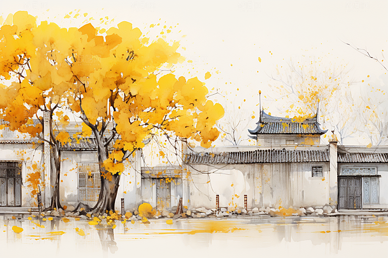 水墨江南水乡中式插画