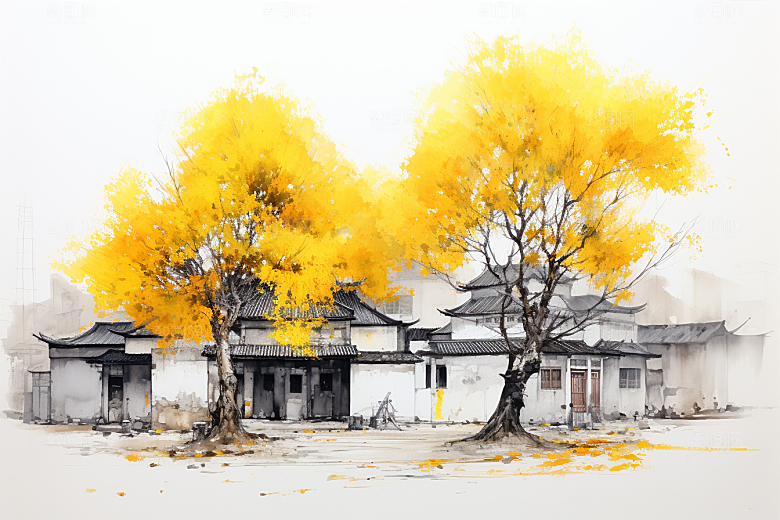 水墨江南中式小桥流水插画