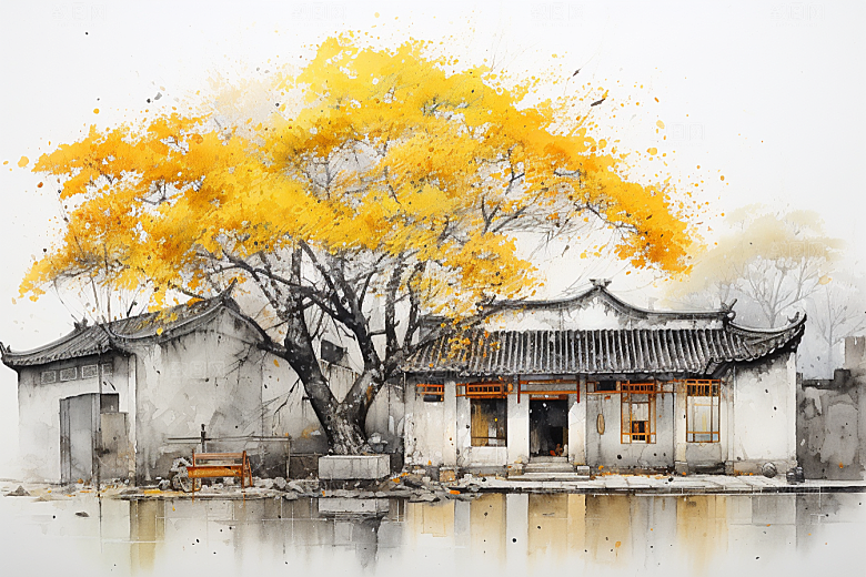 水墨江南水乡晕染插画