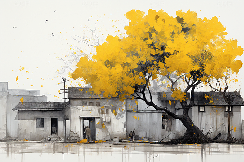 水墨江南手绘晕染插画
