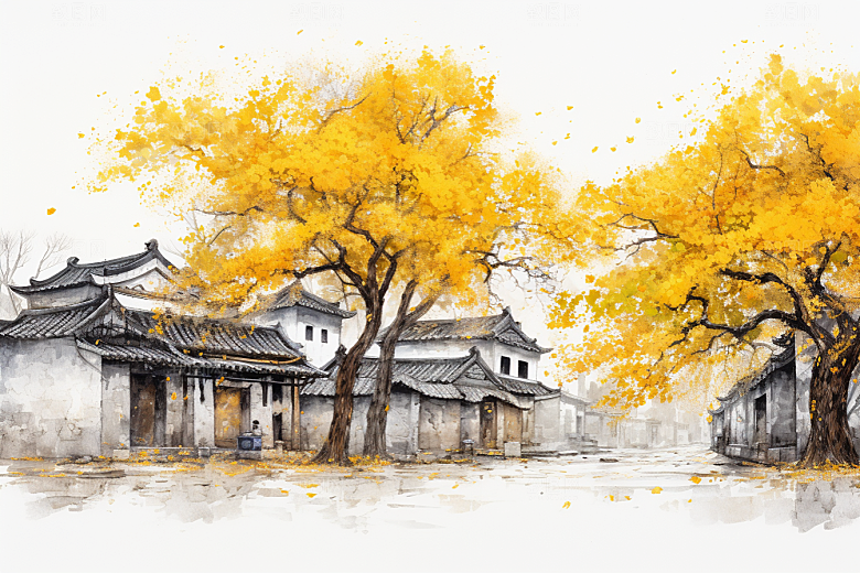 水墨江南中式晕染插画