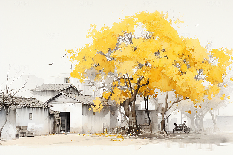 水墨江南小桥流水水乡插画
