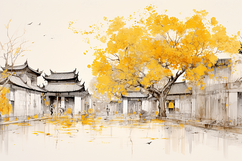 水墨江南中国风粉墙黛瓦插画