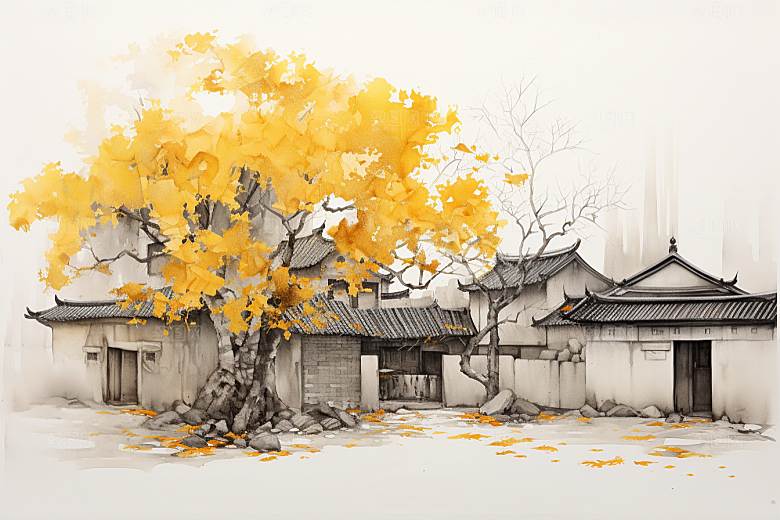 水墨江南小镇水彩插画