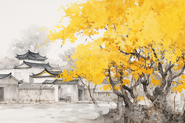 水墨江南水乡粉墙黛瓦插画