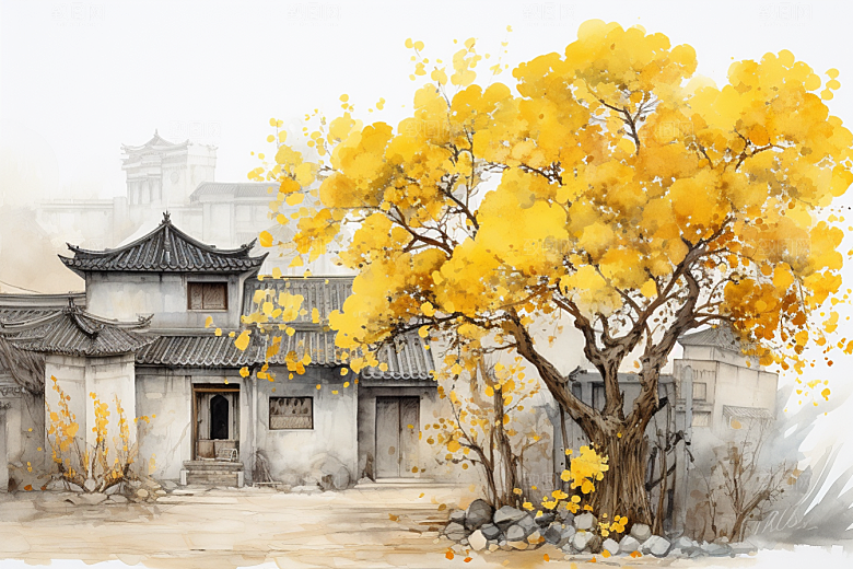 水墨江南水乡水彩插画