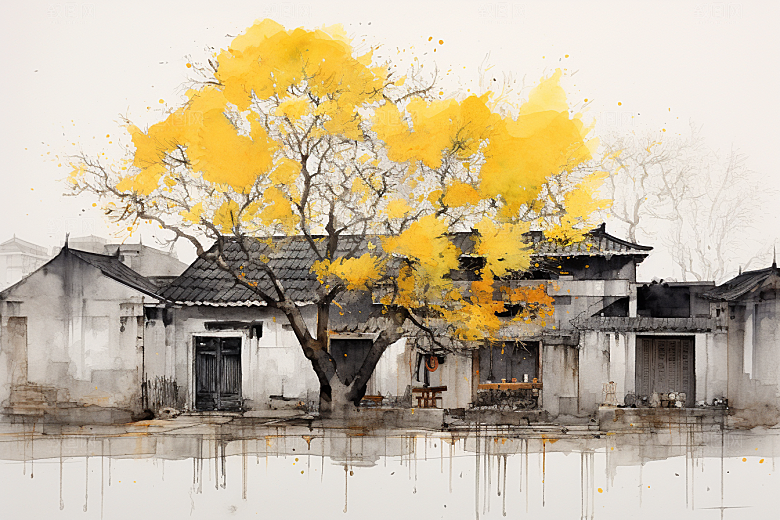 水墨江南晕染粉墙黛瓦插画
