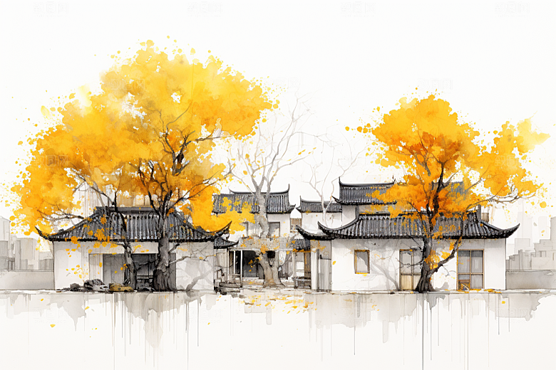 水墨江南中式水彩插画
