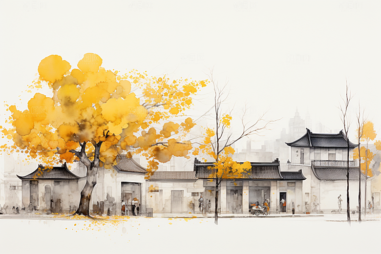 水墨江南小镇粉墙黛瓦插画
