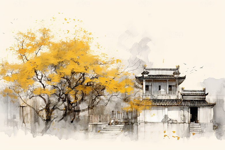 水墨江南小镇中国风插画