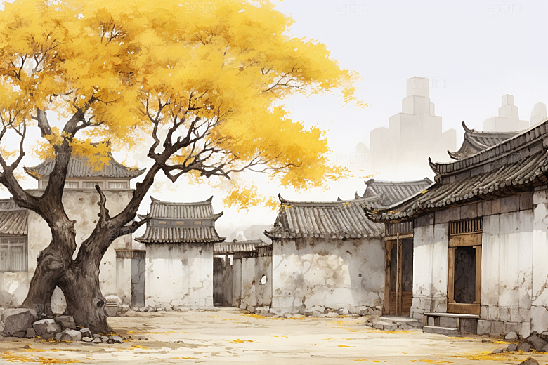 水墨江南水彩晕染插画
