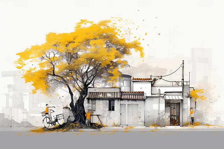 水墨江南水乡小镇插画
