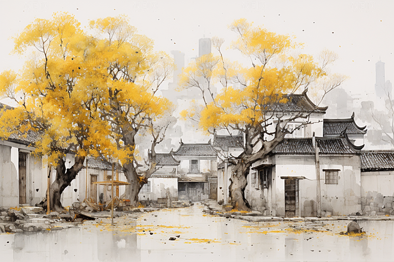 水墨江南水乡粉墙黛瓦插画
