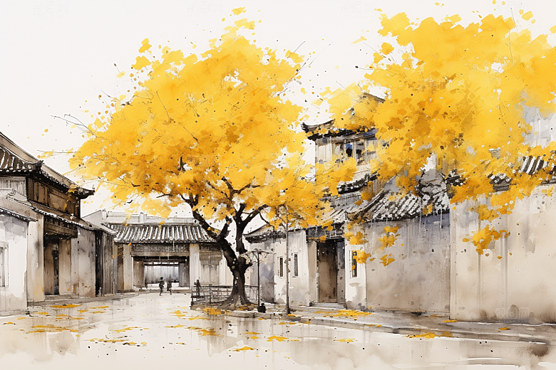 水墨江南水彩小镇插画