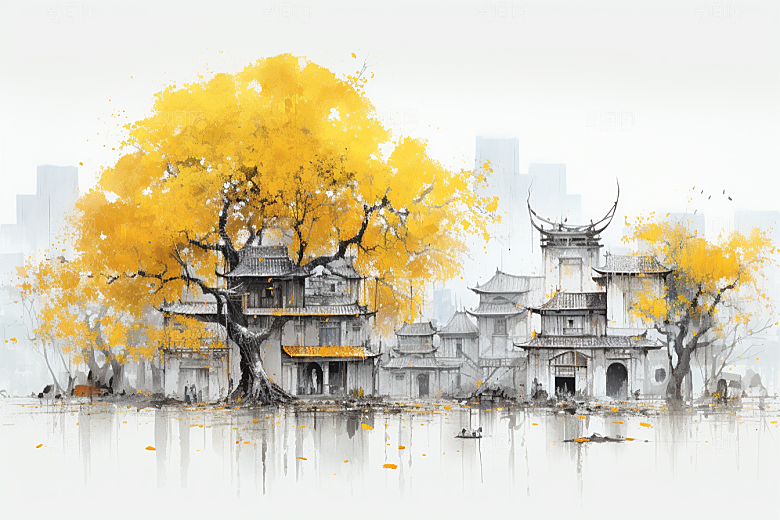 水墨江南小桥流水小镇插画