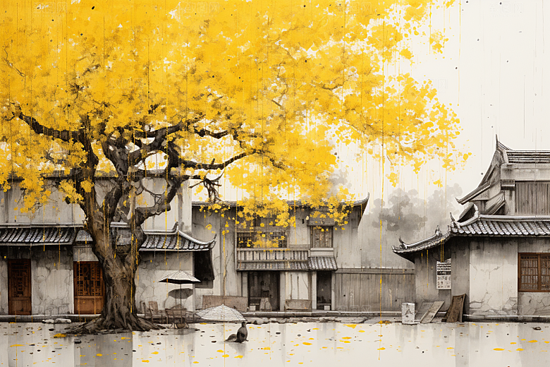 水墨江南小桥流水中国风插画