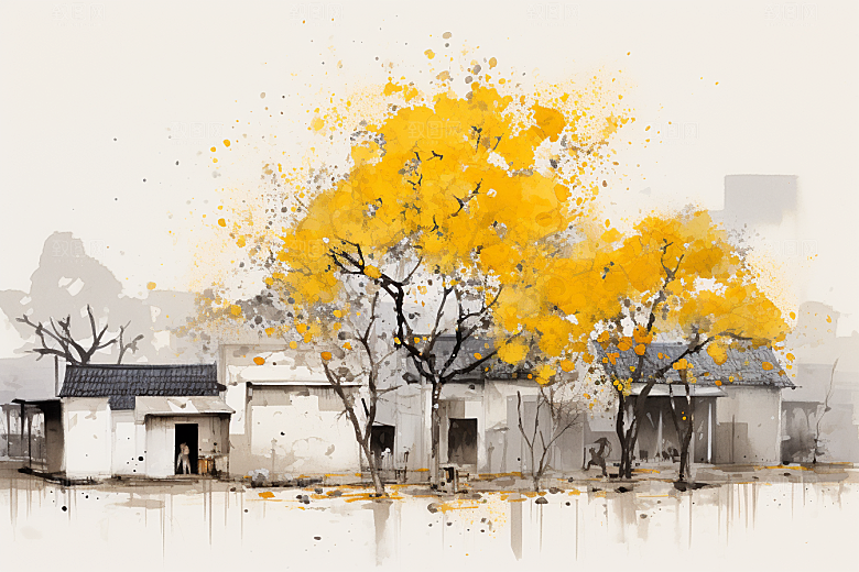 水墨江南小镇中国风插画