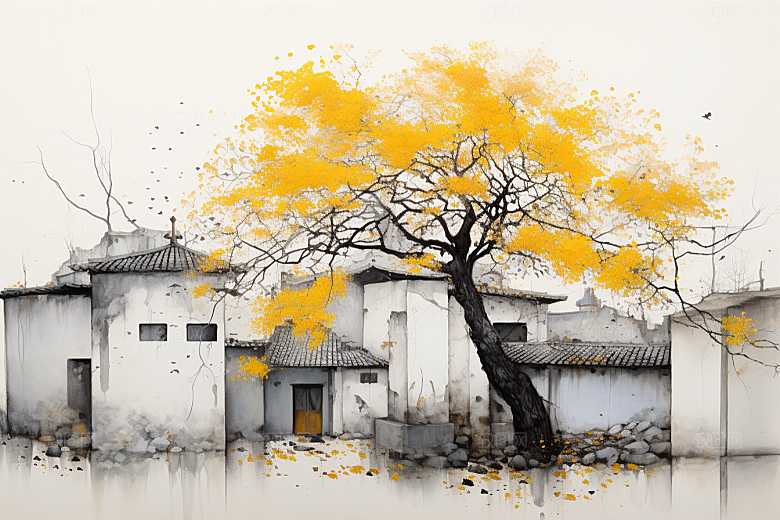 水墨江南小桥流水水彩插画
