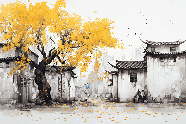 水墨江南水彩晕染插画