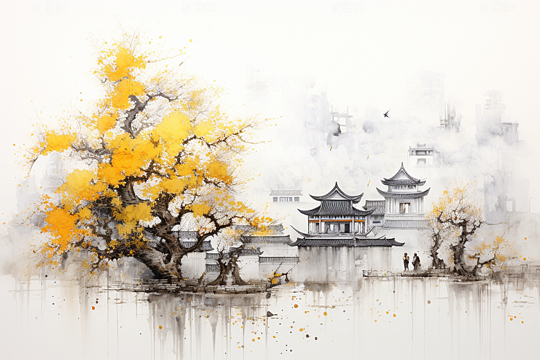 水墨江南中式水乡插画