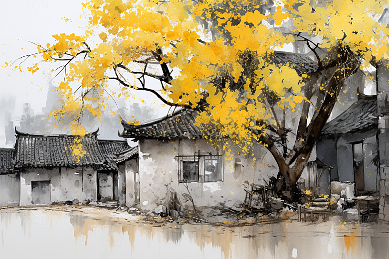水墨江南粉墙黛瓦水彩插画
