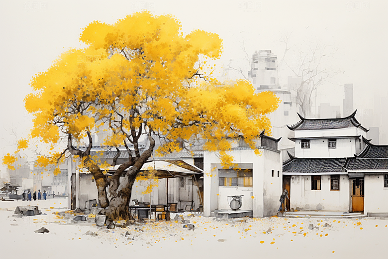 水墨江南小桥流水中国风插画
