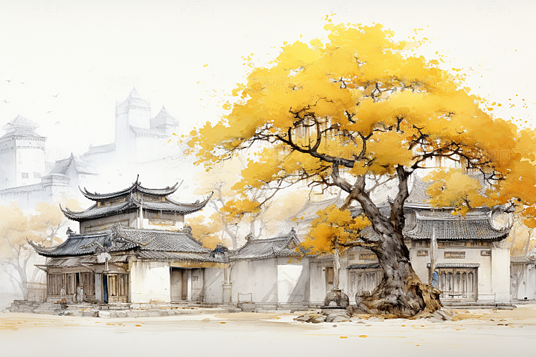 水墨江南中国风小镇插画
