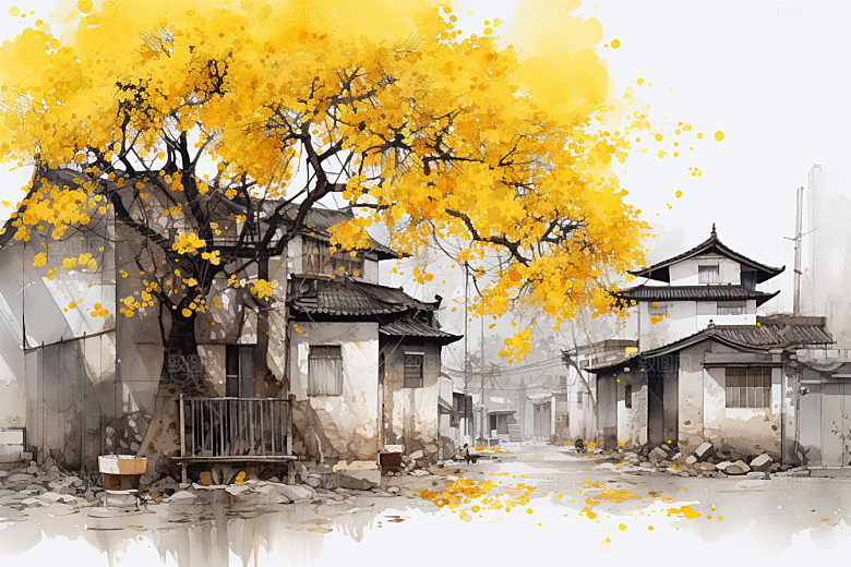 水墨江南水乡小镇插画