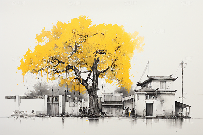 水墨江南中式水彩插画