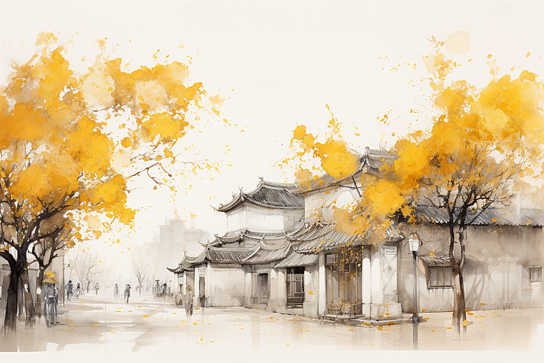 水墨江南小镇手绘插画