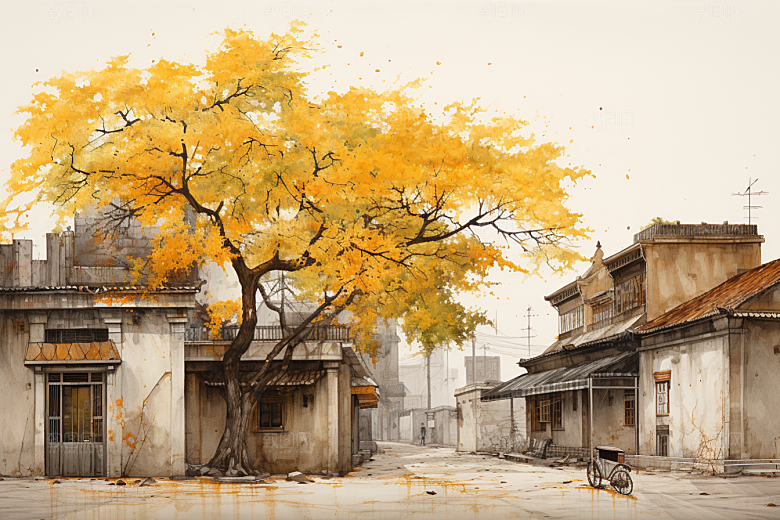 水墨江南小桥流水手绘插画