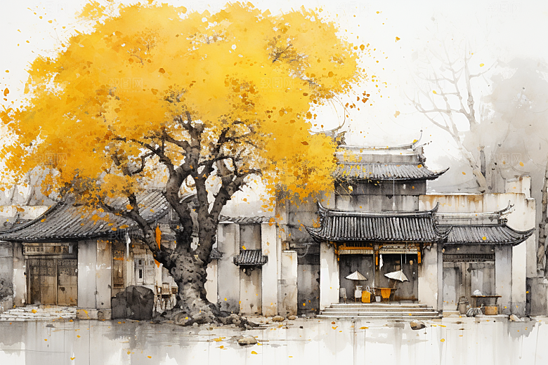 水墨江南水乡粉墙黛瓦插画