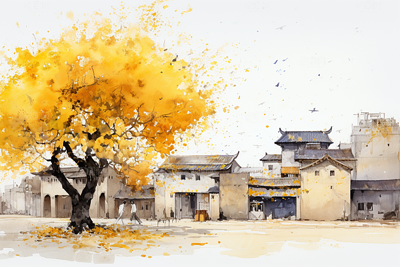 水墨江南手绘粉墙黛瓦插画
