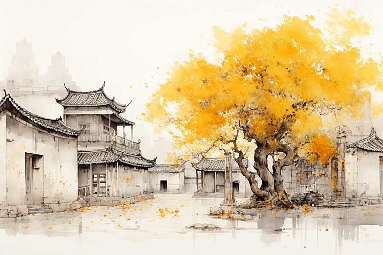 水墨江南中式晕染插画