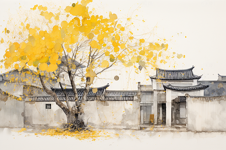 水墨江南小镇粉墙黛瓦插画